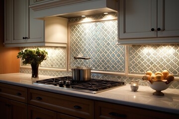 Mosaic Tile Backsplash kitchen ideas with Modern Lamp Lighting Above Island: A Stylish Touch
