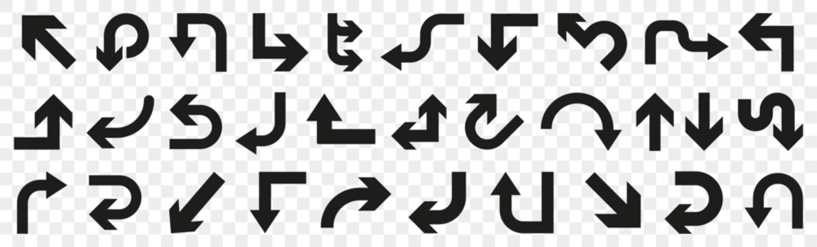 Black traffic arrow for app. Simple arrow icons in black. Arrow template set. Arrow icon collection. Set of black direction arrow signs.