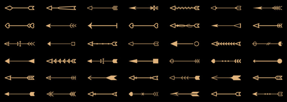 Vintage arrow icon element collection for design. Set of black arrow icons. Retro bow arrow element for decoration