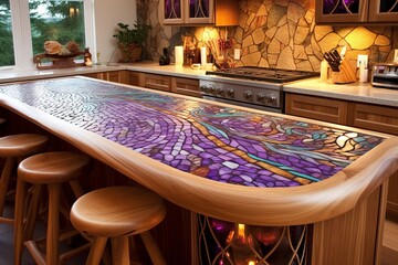 Solid Wood Stool Seating: 15 Mosaic Tile Backsplash Kitchen Ideas