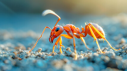 An ant, with intricate sand patterns as the background, during a hot summer day