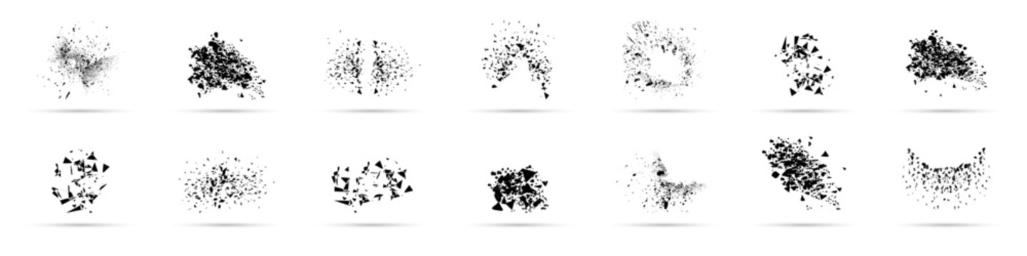 Explosion geometric shape collection. Set of broken element. Destruction effect shapes. Exploded element with spray particles. Broken glass with debris