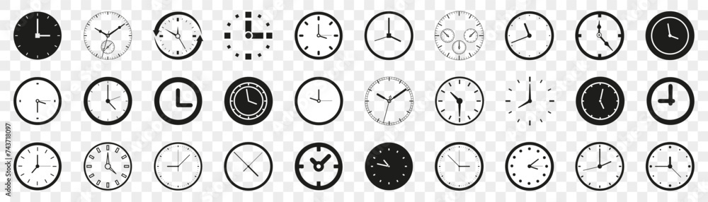 Poster black clock icon collection on a white background. deadline clock icon collection. set of stopwatch,