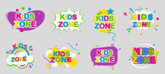 Kids zone emblem collection. Game room party labels, children education and entertainment club elements. Kid play room label, colorful game area banner and funny badge