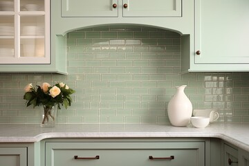 Mint Green Modern Twist: Subway Tile Kitchen Inspirations with a Refreshing Backsplash Design