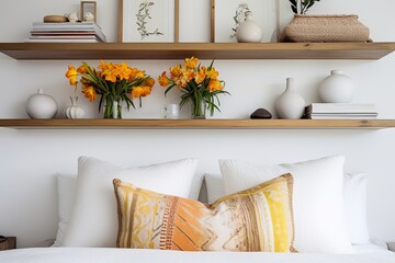 Vibrant Bohemian Minimal White Shelving in Contrasting Decor Bedroom Interiors