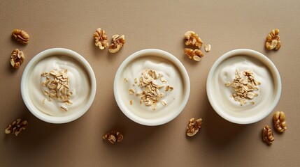 Obraz na płótnie Canvas Yogurt paired with oats and dry nuts against a brown backdrop may be seen above.