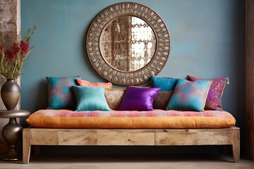 Vibrant Bohemian Bedroom Interiors: Round Mirror Wooden Frame Aesthetic Delight