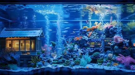 Tranquility underwater The charming underwater home space showcases the wonders of the waters through beautiful aquarium windows. Generative Ai

