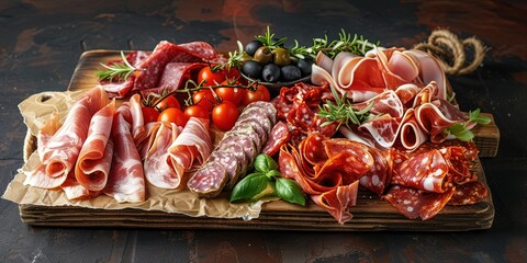 Freshly prepared slicing cured meats and cheeses beautifully served on a wooden tray, raw and cooked meat, aperitivo, restaurant, background. - obrazy, fototapety, plakaty