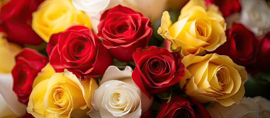 A stunning closeup of a bouquet featuring red, yellow, and white roses. The vibrant colors of the roses create a beautiful and eye-catching display.