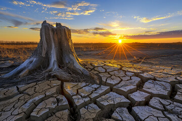 Sunrise Over Cracked Earth and Lone Tree Landscape