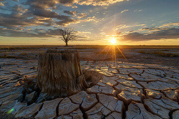 Sunrise Over Cracked Earth and Lone Tree Landscape
