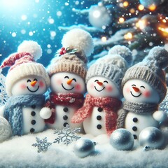 A group of snowmen sitting on top of a snow covered ground