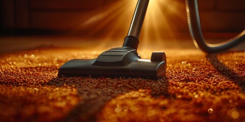 The Warm Glow of Sunset Enhances a Routine Vacuuming Session, Highlighting the Cozy Texture of a Home Carpet, Generative AI