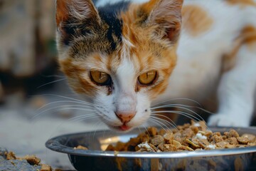 Cat intently focused on food representing the simple pleasures and instincts of domestic animals