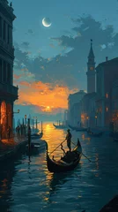 Gardinen Venetian gondola floating in gentle waters of canal under crescent moon © Denis