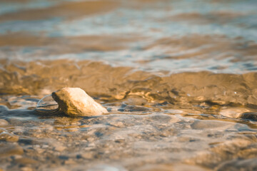 Close up of a white stone with a bubble and a small wave on the banks of a river.
