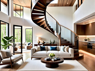 Chic Living Focused on Stunning Wooden Spiral Staircase