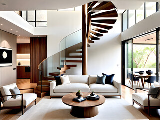 Wooden Spiral Stairs Elevate Modern Living Room Chic