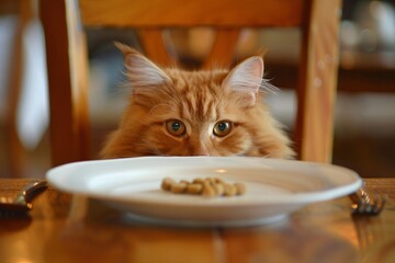 Cat showing little interest in its food capturing the occasional disinterest pets have towards their meals - obrazy, fototapety, plakaty