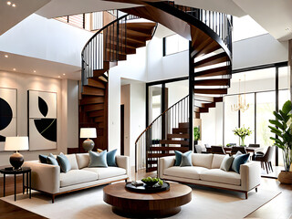 Spiral Staircase Steals the Spotlight in Chic Living Room