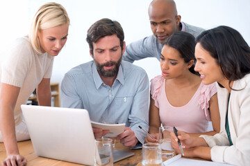 Group, notebook and business people in discussion, planning or brainstorming ideas in startup....