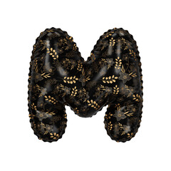 3D Helium Balloon Letter M with golder flowers/leaves on black surface texture