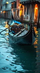 Zelfklevend Fotobehang Venetian gondola floating in gentle waters of canal under crescent moon © Denis
