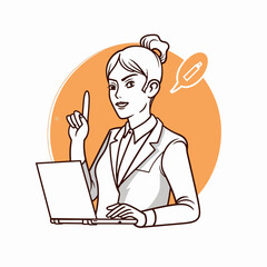 Fototapeta na wymiar illustration and comic design of businesswoman standing with her laptop pointing and showing her finger in the air, in the style of line drawing style, light red and amber, strong facial expression, i