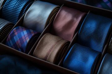 A colorful display of neckties in various styles, from close-up to boxed and shelved