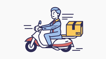  man on a scooter with he delivery box on the side, in the style of simplified colors, meticulous lines, light navy, streamlined design, elegantly formal, heavy outlines, light red and light gray
