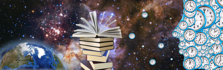 An open book symbolizing the source of knowledge. A book lying on a stack of books.