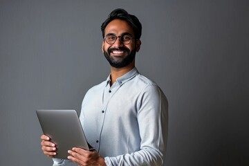 Happy smiling indian business man employee or manager standing isolated on gray background holding laptop advertising online products, business trainings and webinars, Generative AI