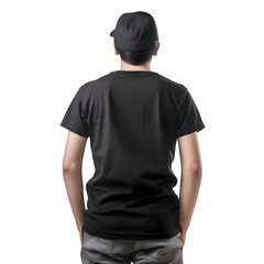 Fototapeta na wymiar back view of man wearing blank black t shirt isolated on white background with clipping path