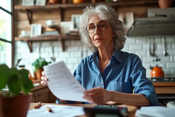 Senior mature business woman holding paper bill using calculator, old lady managing finance, calculating money budget tax, planning banking loan debt pension payment sit at kitchen, Generative AI - obrazy, fototapety, plakaty