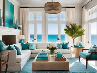 Seaside Sophistication: Chic Living Room, Fabric Delights Galore