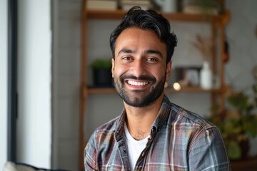 Headshot portrait of attractive confident indian Hispanic man with toothy smile looking at camera at modern living room. Latin businessman posing in casual stylish look at home, Generative AI