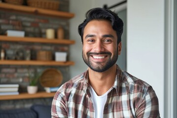 Headshot portrait of attractive confident indian Hispanic man with toothy smile looking at camera at modern living room. Latin businessman posing in casual stylish look at home, Generative AI