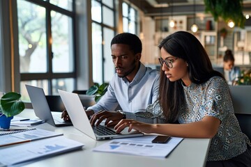 Diverse employees using laptop looking at business documents working in office. Busy professional team two African and Latin colleagues discussing marketing project plan sharing ideas, Generative AI