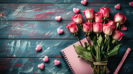 Valentine's day background with hearts, roses and gift. ai generated