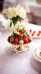 Fototapeta na wymiar Strawberries in chocolate cover in glass vase and bouquet of flowers on white table, vertical photo