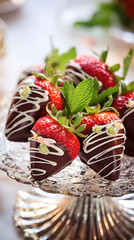Strawberries in chocolate cover, decorated with white chocolate in beautiful vase, close up, vertical photo