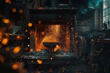blacksmith heats a metal rod in a fiery forge, sparks flying as he hammers it on the anvil
