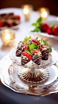 Strawberries in chocolate cover in beautiful vase, close up, light vertical photo