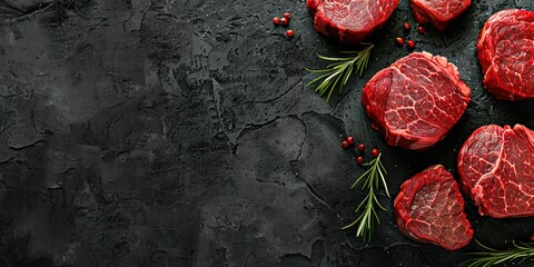 Fresh selected raw meat, steak meat, cooking process, beef, restaurant, rosemary, background. - obrazy, fototapety, plakaty