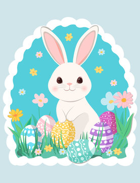 Cute bunny with easter eggs and flowers