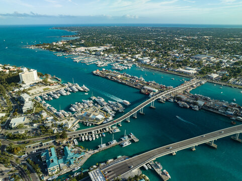 Aerial view: Paradise Island Bridge and Nassau Harbour, New Providence Island, Bahamas.