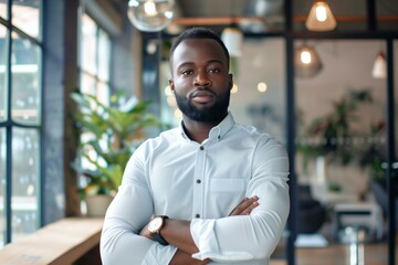 Fototapeta premium Confident black CEO male standing arms crossed in a modern office looking at camera. 