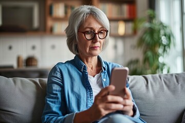 Serious mature middle age senior woman at home on couch holding mobile cellphone, reading news or...